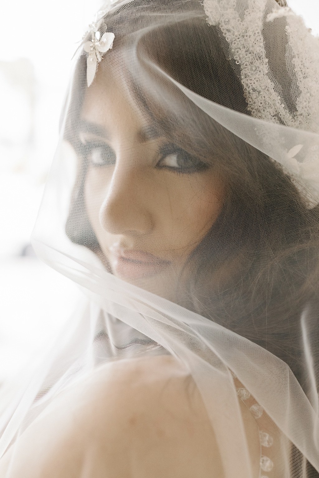 Intimate bridal portrait through a delicate veil